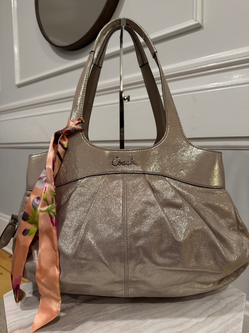 Coach Bag Lexi Metallic Gold Champagne Sparkle Leather Pleated Shoulder Bag - Picture 3 of 17